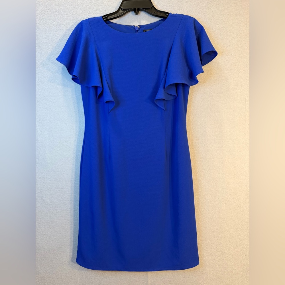 Jessica Howard Blue Dress Petite 6P Flutter Sleeve Sheath Knee Length Classic